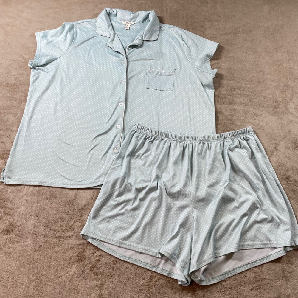 Laura Ashley Womens 1X Pajama Set Blue Polka Dot Short Sleeve Boxer Pajamas PJs